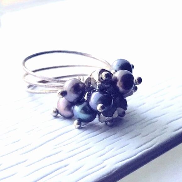 Freshwater Pearl Cluster Ring Beaded Wire Multi-band Boho Beachy Coastal Blue - Picture 2 of 7